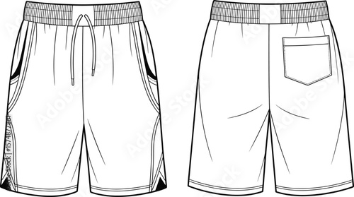 Front and back view of stylish athletic shorts, drawstring waistband, sporty design, casual wear, gym outfit, comfortable fit, breathable fabric