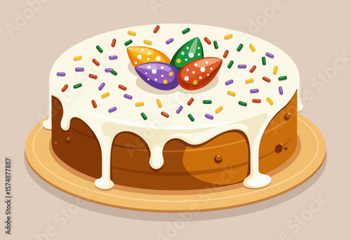 Easter cake with cream and colorful sprinkles on wooden platter  
