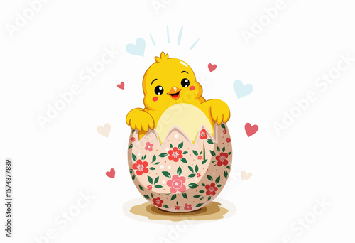 Cute yellow chick hatching from decorated egg with hearts  