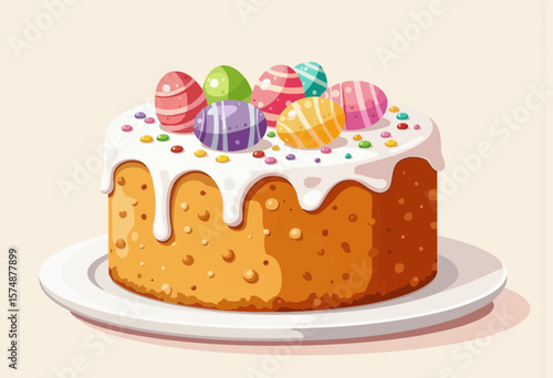 Easter cake with colorful eggs on white plate  