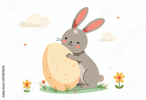 Cute rabbit hugging a large egg in a spring garden setting  