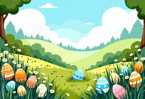 Colorful Easter eggs in a sunny meadow with flowers and trees  
