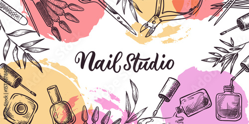 Nail beauty salon banner, flyer design. Manicure tools, lacquers vector sketch illustration on watercolor background