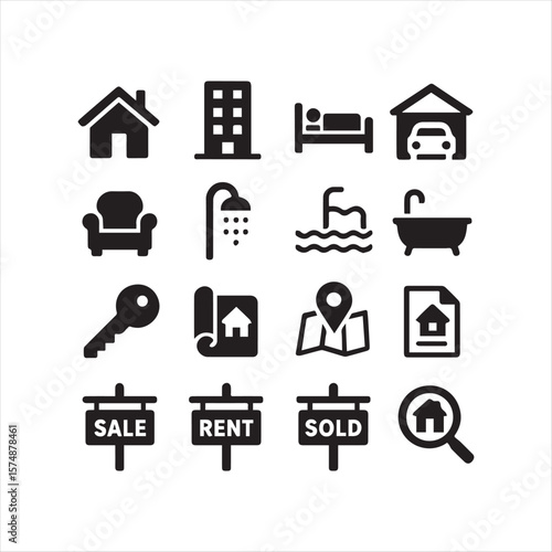 Real Estate and Property Related Icon Set Conveying Home Ownership and Various Amenities Like Pools and Garages