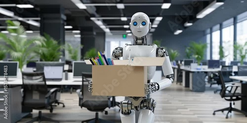 AI robot is in an office carrying a box of stolen data that was publicly available so it can train without paying for licenses