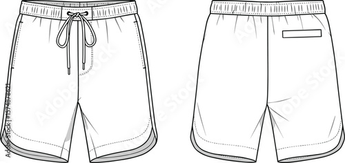 Men's athletic shorts, front and back view, drawstring waist, breathable fabric, essential sportswear, gym wear, fitness clothing, summer outfit