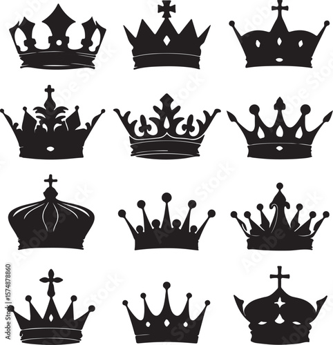 Collection of vintage black crown icons, a royal heraldic design element