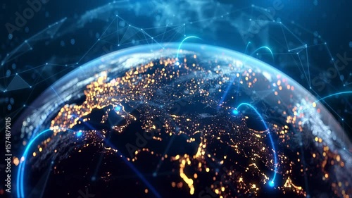 Global Connection Lines. Network Data Transfer Over Earth. Futuristic AI Technology, 5G, Satellite Communication, Internet Connectivity, Big Data, Digital World Background Animation. Crypto Exchange