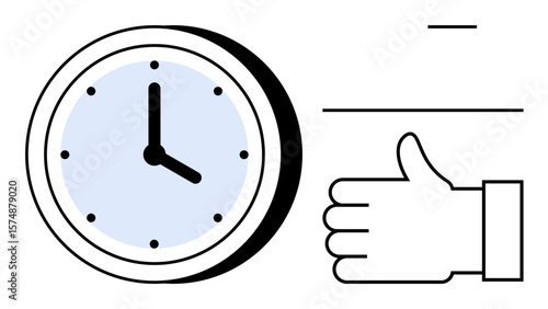 Analog clock with clear hour and minute hands alongside thumbs-up gesture promoting approval, efficiency, and punctuality. Ideal for time management, productivity, scheduling, organization, work-life