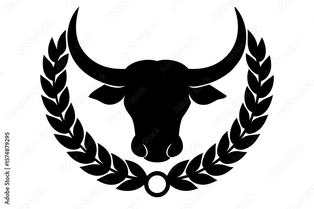 Fototapeta premium Bull Head Laurel Wreath Logo – Powerful Black Animal Emblem Design