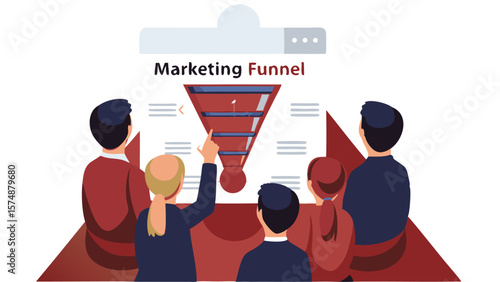 Team viewing marketing funnel presentation with steps and website interface in the background design