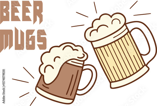 Two Cartoon Beer Mugs with Frothy Heads