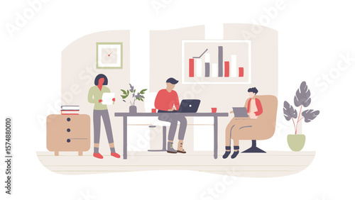Illustration of three people working in an office with a desk, chair, and filing cabinet present