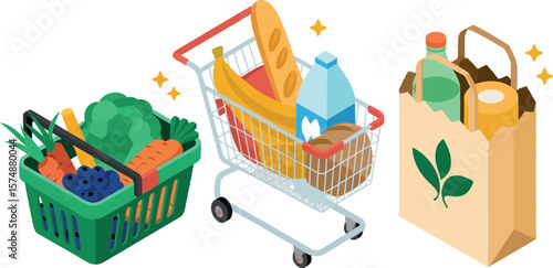 Isometric illustration of a grocery basket, shopping cart, and paper bag filled with food items


