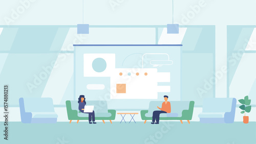People sitting in a waiting area with couches, a table, and a large screen on the wall displayed here