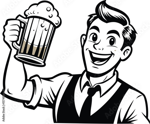 Happy Barman Raising a Mug of Beer Retro Illustration