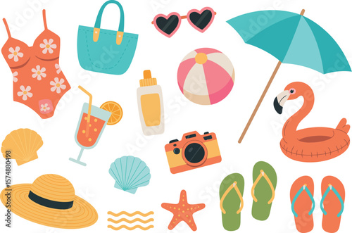A collection of summer themed items including a swimsuit, beach ball, and flamingo floatie


