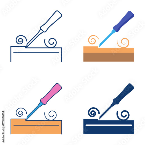 Wood chisel flat and line icon set