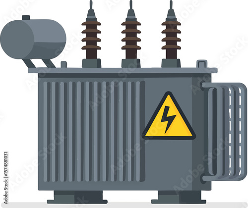 Flat vector high-voltage power transformer with cooling radiators and HV terminals, isolated on white