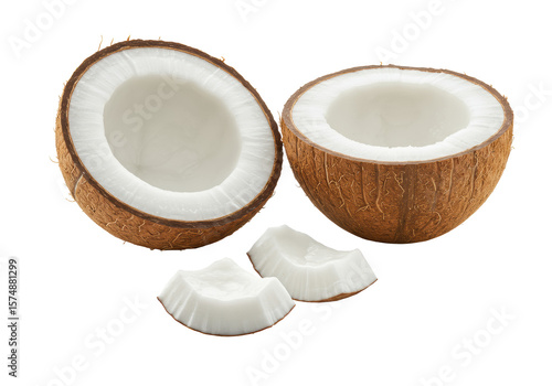 Perfectly cracked brown coconut with fibrous shell and transparent, moist flesh, broken into half-shell and crescent piece, on a transparent background with no shadows, high-angle macro shot,
