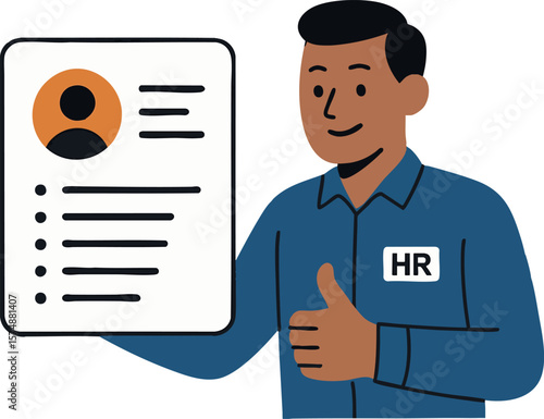 Flat vector HR manager giving thumbs up while reviewing applicant’s digital profile, isolated on white