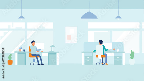 Illustration showing two people working in an office with desks chairs and computers at their workplaces