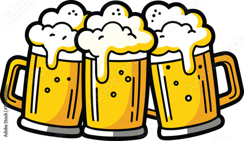 Three Mugs of Frothy Beer Together