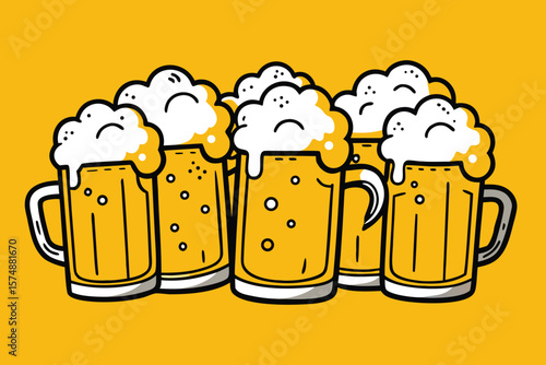 Four Frothy Beer Steins Together on Yellow Background