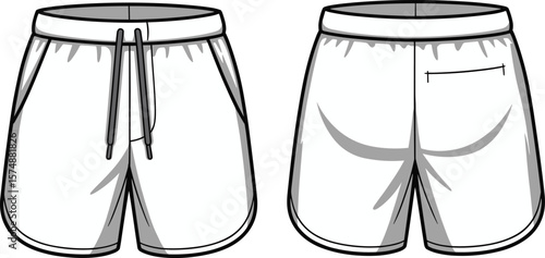White drawstring shorts illustration, front and back view, modern summer fashion, stylish apparel vector, comfortable casual wear, technical sketch