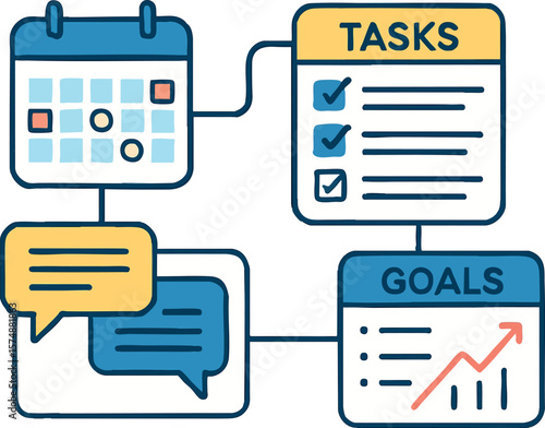 Flat vector integrated tools workspace (calendar, tasks, chat, goals), unified workflow, isolated on white