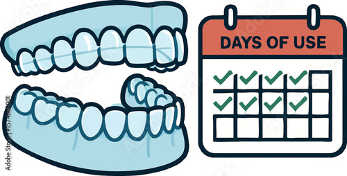 Flat vector invisible aligner on transparent model with days of use calendar, orthodontics concept, isolated on white