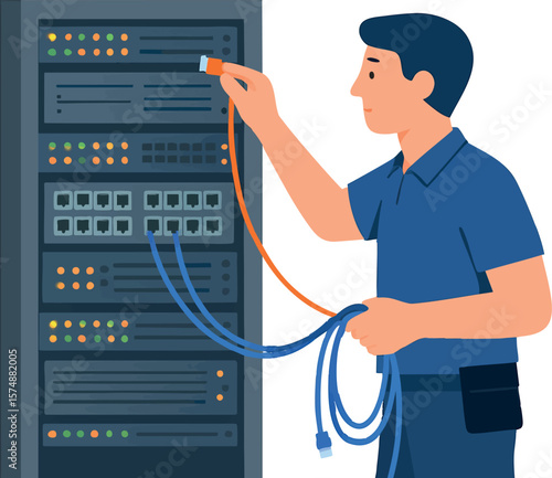 Flat vector IT technician connecting network cables in server room, support worker, isolated on white