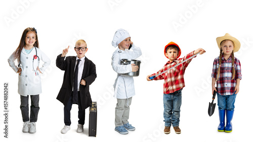 Bild auf Leinwand Group of kids dressed in professional uniforms like doctor, lawyer, chef, builder and farmer standing in row