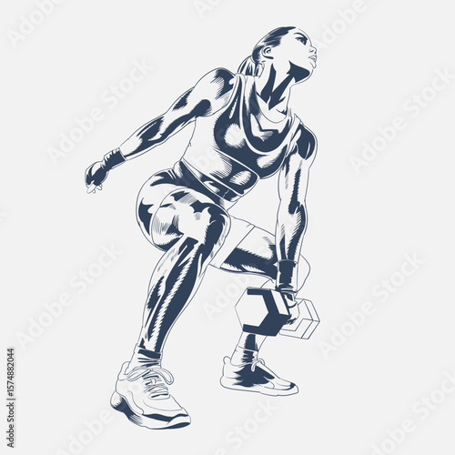 Fit muscular woman performing dumbbell snatch or deadlift exercise strength training vector illustration isolated on white