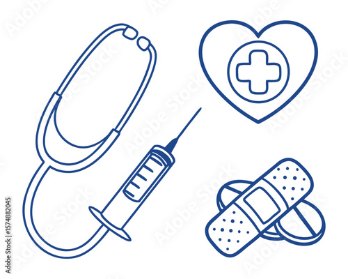 Medical and Healthcare Icon Collection Stethoscope, Heart, Syringe,