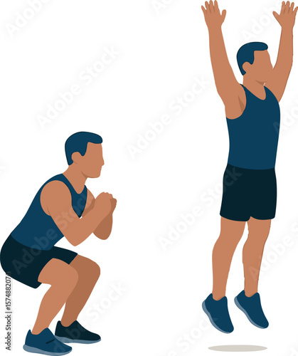 Flat vector jump squat with down and up body positions shown step-by-step, isolated on white