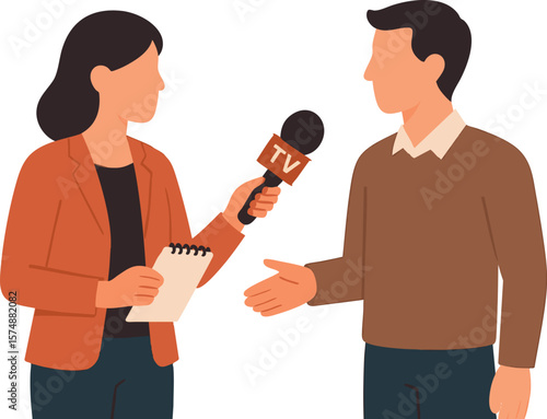 Flat vector journalist interviewing person with microphone and notepad, media worker, isolated on white