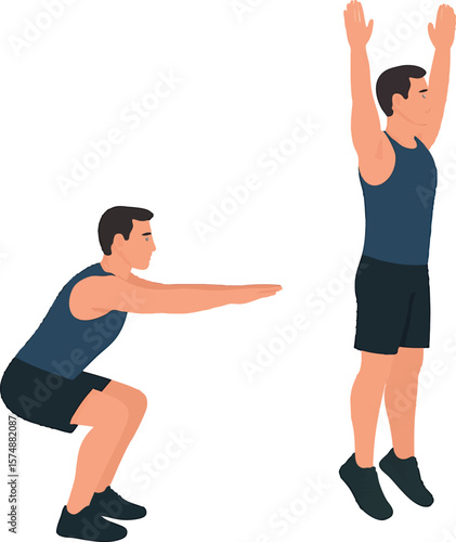Flat vector jump squat with down and up body positions shown step-by-step, isolated on white