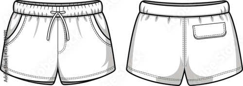 White drawstring shorts front and back view, side and rear pocket details, fashion illustration, summer casual style, technical garment sketch