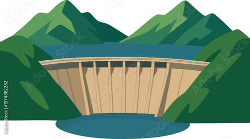 Flat vector large dam with mountains and water retention wall, flat engineering style, isolated on white