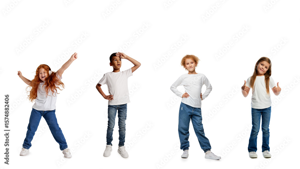Group of diverse children in casual white shirts and jeans posing together expressing joy confidence curiosity. Concept of diversity, emotional development, and carefree childhood attitude. Group of diverse children in casual white shirts and jeans posing together expressing joy confidence curiosity. Concept of diversity, emotional development, and carefree childhood attitude.