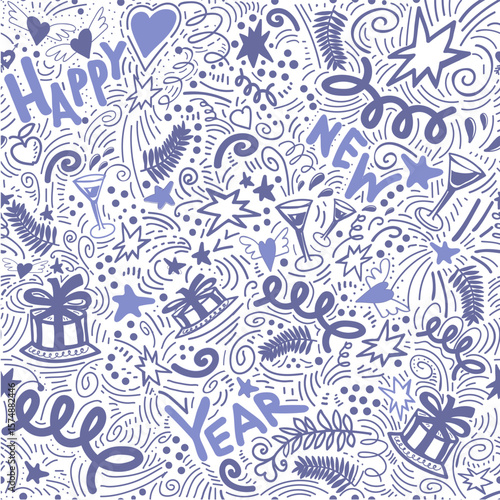 Christmas seamless wrapping paper with attributes of New Years celebration drawn by hand in doodle style. Garlands, cake, gifts, glasses, confetti and handwriting words happy, new, year on trendy