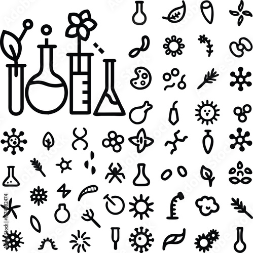 Black and White Botanical Science Icons Set Erlenmeyer Flasks Test Tubes Flowers Leaves D N A