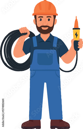 Flat vector male electrician with cable coil and voltage detector, isolated on white