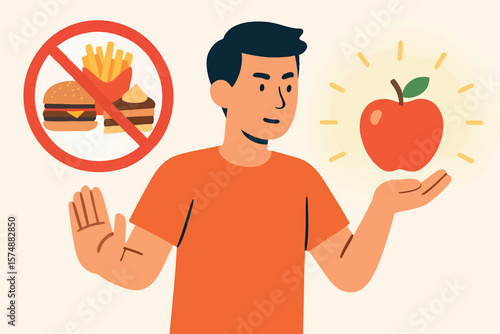 Flat vector man rejecting junk food and choosing apple with glow effect, flat diet choice, isolated on white