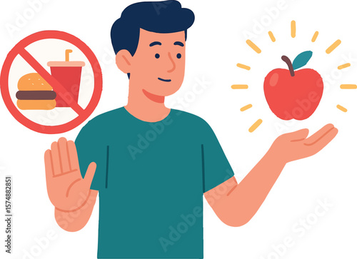 Flat vector man rejecting junk food and choosing apple with glow effect, flat diet choice, isolated on white