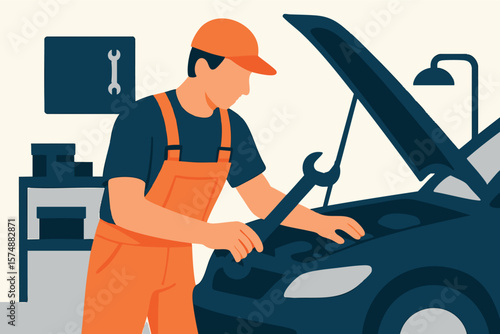 Flat vector mechanic fixing car engine with wrench, garage setting, isolated on white
