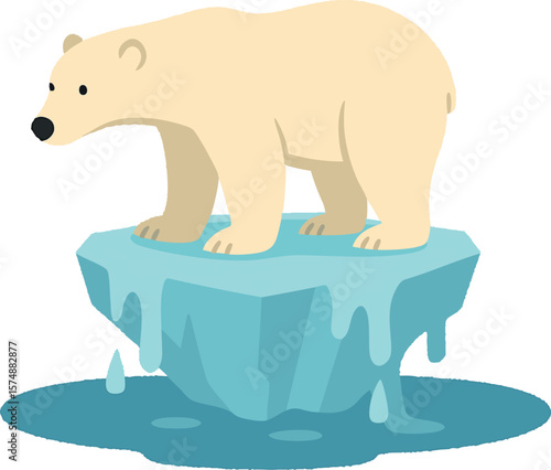 Flat vector melting ice cap with polar bear standing on shrinking iceberg, climate change warning, isolated on white