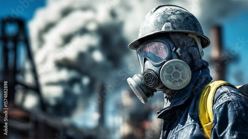 Worker in protective gear stands amidst industrial smoke at a chemical facility, capturing the intensity of labor and safety measures at sunrise