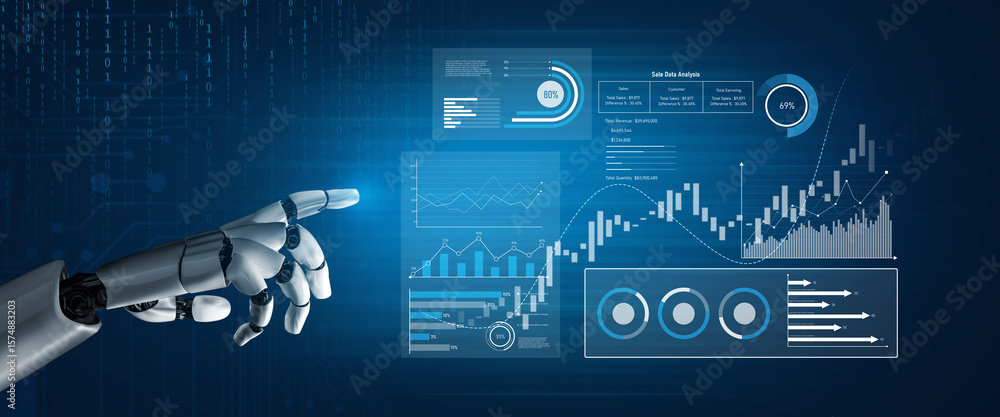 Naklejka premium AI analyzing sales data dashboard, visualizing performance metrics, detecting trends, and generating insights to improve financial outcomes and strategic planning. Vouch